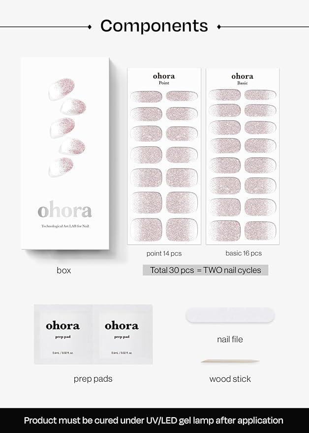 ohora Semi Cured Gel Nail Strips (N Basic Nails no.3) - Nude, Glitter, Works with Any UV/LED Lamps, Salon-Quality, Long Lasting, Easy to Apply & Remove - Includes 2 Prep Pads, Nail File & Wooden Stick