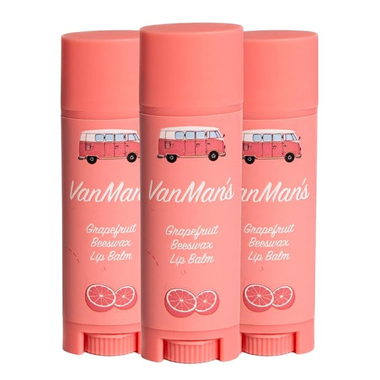 VanMan Beeswax Lip Balm Tube – Organic Beeswax with Coconut and Sweet Almond Oils, Lanolin, and Grapefruit Oil – Hydrating Moisturizer for Dry Lips – Grapefruit – 3 Tube Pack