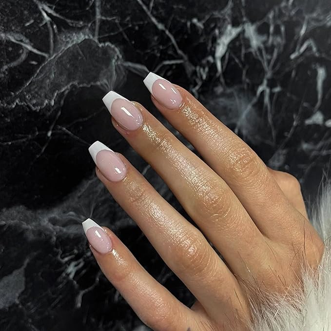 30Pcs White French Tip Press on Nails Short Coffin Nails Press ons, Short Fake Nails T Shaped Acrylic French Glue on Nail False for Women, Natural Stiletto15 Sizes