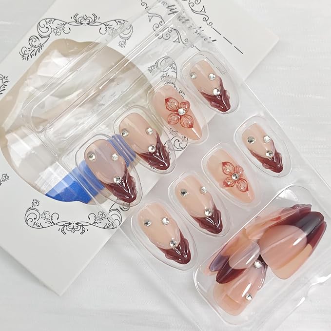 24Pcs Red Flower Press on Nails Medium Almond Fake Nails Summer Floral with Rhinestones Full Cover Acrylic Nails Glue on Nails Reusable Artificial French Tip False Nails for Women DIY Acrylic Nails