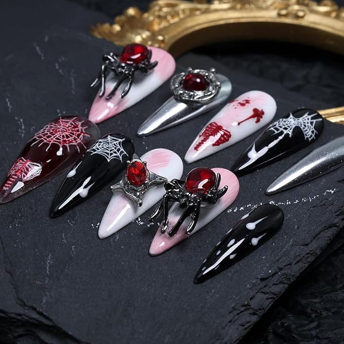 10Pcs Halloween Handmade Press on Nails Long Almond Fake Nails 3D Star Spider False Nails with Y2k Gothic Design Silver Glitter Stick on Nails Black Full Cover Artificial Glue on Nail for Women DIY