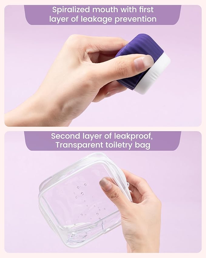 Travel Containers for Toiletries 4 Pack, TSA Approved Travel Size Toiletries, Travel Size Containers, With Clear Bag Leak Proof Silicone Jars, Travel Essentials Creams Jars Carrying Small Items