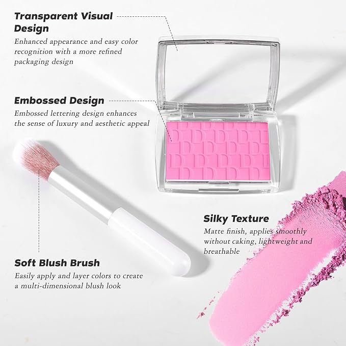 Cherry Blush Powder Blush for Cheeks with Brush, Matte Blush Palette Blush Powder Face Blusher, Natural Blendable Formula Silky Lightweight Makeup Blush Rubores de Maquillaje, 015#