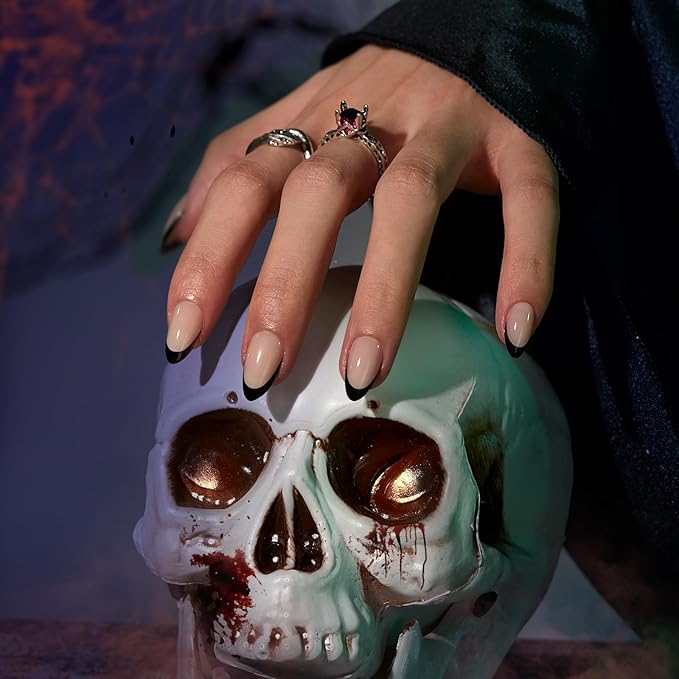 BTArtbox French Tip Press On Nails Almond - Black Press on Nails Short, Glue On Nails for Women Gift, Supremely Fit Natural Reusable Stick On Nails in 16 Sizes - 32 Fake Nails Kit, Black French