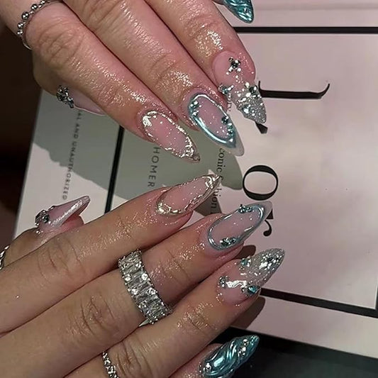 Hkanlre Blue Fake Nails Tips Bling Press on Nails Full Cover Medium Almond False Rhinestones Nails for Women 24PCS