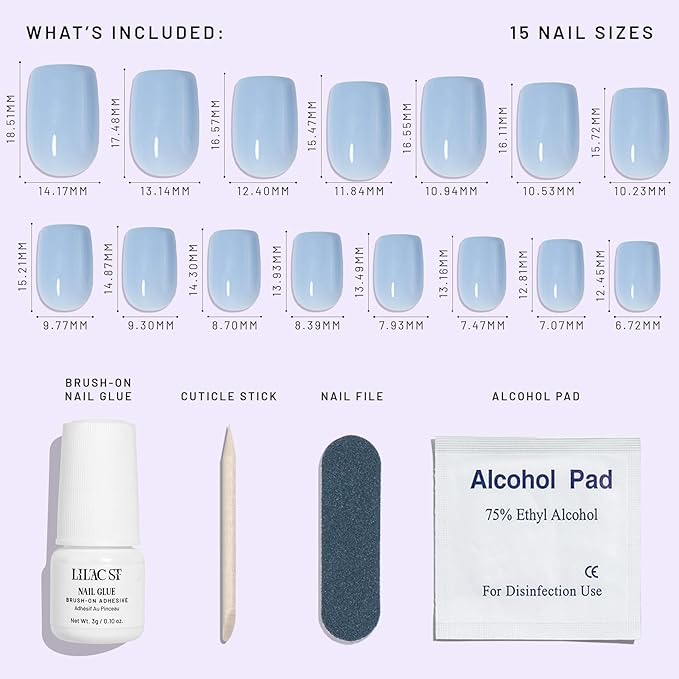 Lilac St - Press on Nails, Cloud 9 (30 Nails, 15 Sizes) - Short, Square, Glossy, Opaque - Brush-On Nail Glue, Nail File, Cuticle Stick, Prep Pad - Cruelty Free, Vegan, Women Founded