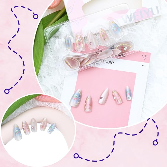 24pcs Pink Press on Nails Short Almond Fake Nails with Pearl Rhinestones Designs Flower False Nails Gold Line Stick on Nails Bow Acrylic Nails Summer Floral Full Cover Glue on Nails for Women