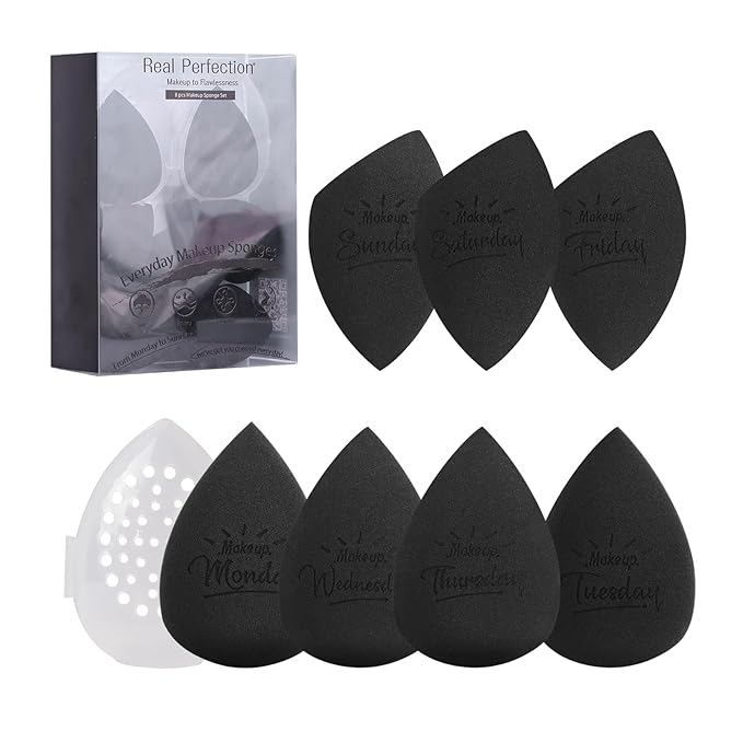 Real Perfection Makeup Sponge Set Blender Sponges, Latex-Free Beauty Makeup Sponges 7 pcs with 1 Travel Container Case for Blending Foundation Liquid Cream and Powder (Black)