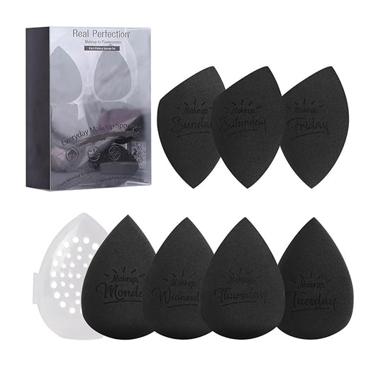 Real Perfection Makeup Sponge Set Blender Sponges, Latex-Free Beauty Makeup Sponges 7 pcs with 1 Travel Container Case for Blending Foundation Liquid Cream and Powder (Black)