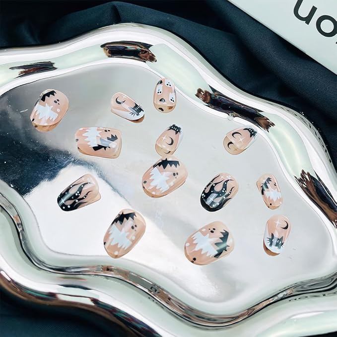 24Pcs Short Almond Press on Nails Halloween Fake Nails with Cute Ghost & Black Cat Bat Designs French Tip Glue on Nails Petite Almond Shaped Acrylic Nails Glossy Nude Full Cover False Nails for Women