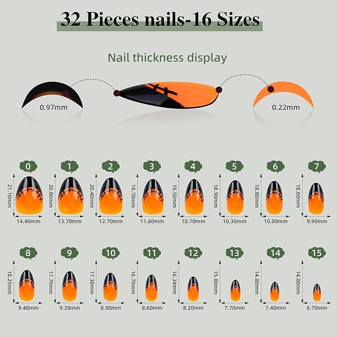 French Tip Press on Nails, Short Press on Nails Almond Reusable Glossy Soft Gel False Nails Orange Press ons for Women, 16 Sizes 32 Count Nails Kit with Glue (SV-09)