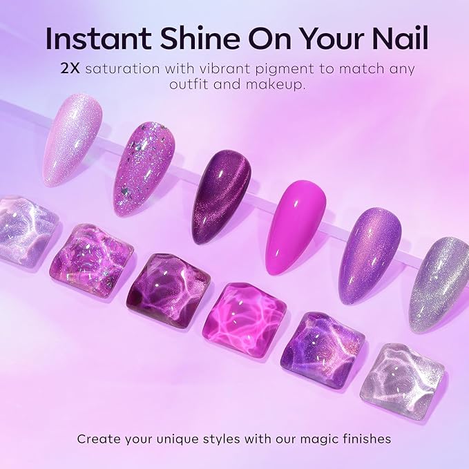 modelones Gel Nail Polish Set 6 Colors Purple Silver Cat Eye Gel Nail Polish Glitter Purple Chameleon Sparkle Silver Shade Shimmer Magnet Polish Soak Off Led Nail Art DIY Salon Gift For Women Girl