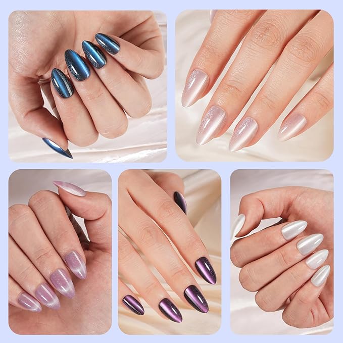 240Pcs Cat Eye Press on Nails Medium Almond, Plauva Soft Gel Fake Nails, Glossy Glitter Cat Eye Nail Tips for Women and Girls Stick On Nails in 12 Sizes