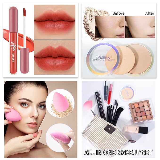 Makeup Set Full Kit for Girls Teens Women, Makeup Present Set, Includes Eyeshadow, Foundation, Mascara, Face Blusher, Eyebrow Pencil, Eyeliner, Brushes, Lip Gloss, Sponge, Cosmetic Bag