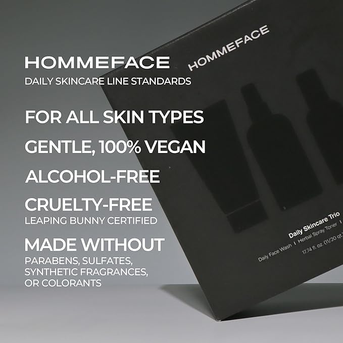 HommeFace Men’s Daily Trio 3-Step Daily Routine Set with Face Wash, Herbal Spray Toner & Moisturizer - Korean Skincare Technology with CICA, Tea Tree Leaf & Witch Hazel Extracts, for All Skin Types