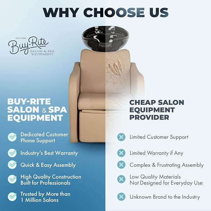 Buy-Rite Lexus Backwash Unit with Tilting Black Porcelain Shampoo Bowl, Extra Wide Foam Padded Seat, Kick-Out Leg Rest & European Style Single Handle Faucet - Sand Salon Shampoo Chair, TS-8018B