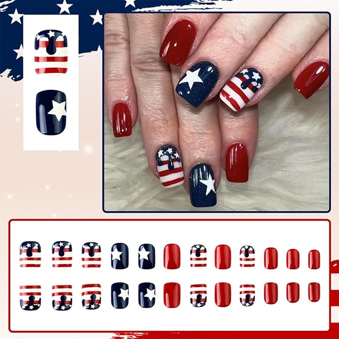 24Pcs Independence Day Press on Nails Short 4th of July Fake Nails American Flag Design Patriotic Glue on Nails Artificial Star False Nails Square Acrylic Nails Holiday Stick on Nails for Women Girls