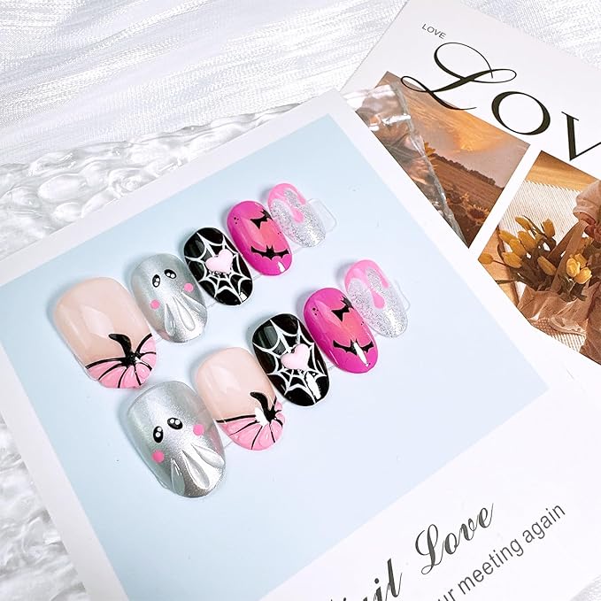 24pcs Halloween Press on Nails Short Almond Fake Nails with 3D Pumpkin Pink Heart Designs Cute Ghost False Nails Bat Spider Web Acrylic Nails Kit Full Cover Glue on Nail for Women Nail Decoration