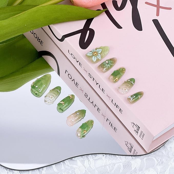 30pcs Green Press on Nails Medium Almond Fake Nails With 3D Flower Pearl Rhinestone Design Gold Beads Butterfly False Nails Star Glue on Nails 3D Summer Floral Full Cover Stick on Nails for Women