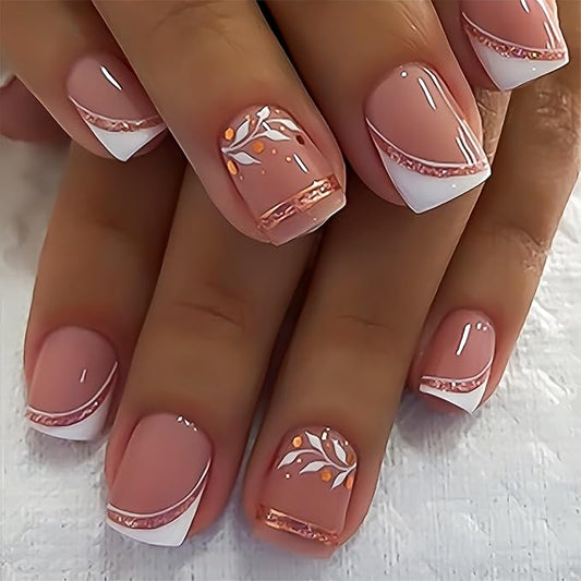 24Pcs Short Press on Nails French Tip Square Fake Nails with Rose Gold Glitter French White Leaf Design Pink Acrylic Nails Cute False Nails Artificial Nails Reusable Stick on Nails for Coquette Women