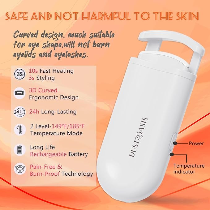 Heated Eyelash Curler - Wide Open Dual-Arc Design Heated Lash Curler - Electric Eyelash Curler - Type-C Rechargeable Mini Lash Curler Natural Curling 24H Long Lasting for Women - White