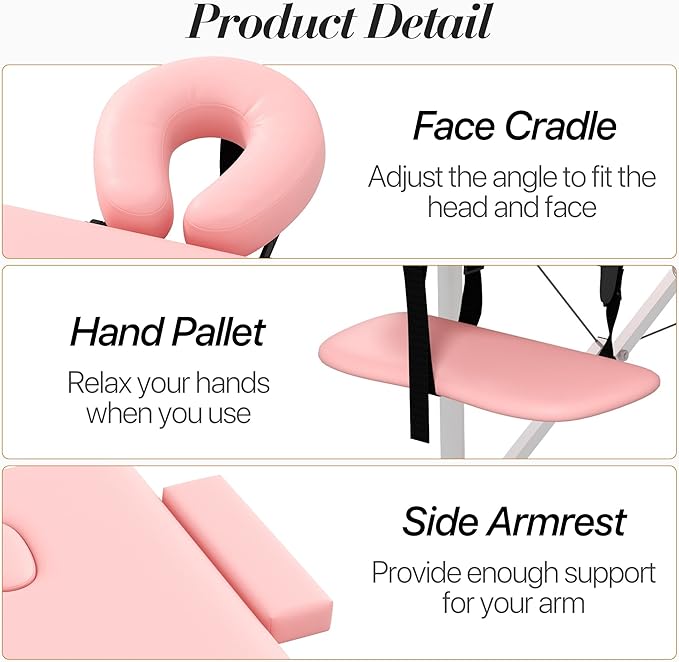 Massage Table Massage Bed, Portable 3 Section Foldable Tattoo Bed, Height Adjustable Lash Spa Bed with Face Cradle, Home Light Weight Facial Salon Bed with Aluminum Frame, Light Pink