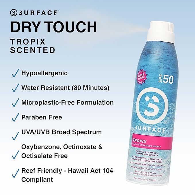 Surface Sunscreen Spray SPF 50 for Body, Lightweight Natural Formula, Reef Friendly, Broad Spectrum UVA UVB Protection, Water Resistant Sun Care for 80 Minutes Outdoor Use, Tropical Scent, 6oz