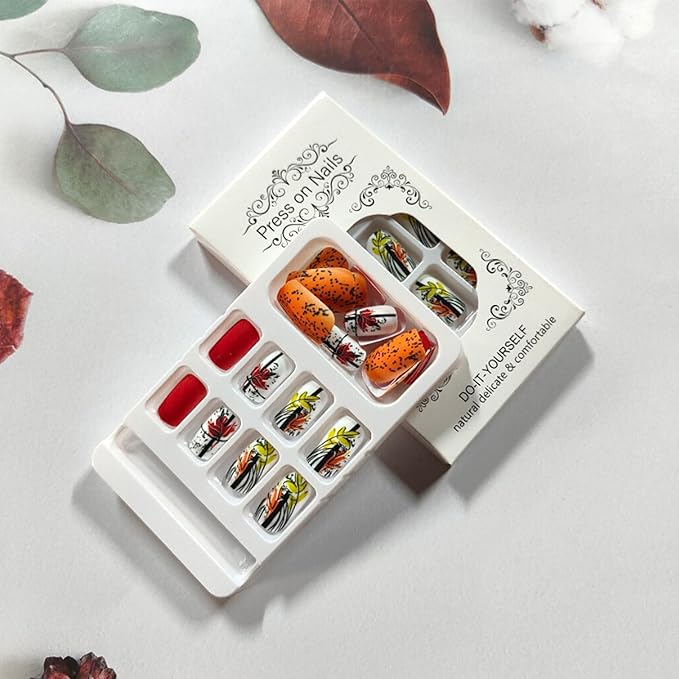 24Pcs Fall Press on Nails Autumn Thanksgiving Fake Nails Medium Square False Nails Maple Leaf Graffiti Design Matte Acrylic Glue on Nail Full Cover Stick on Nail for Coquette Women