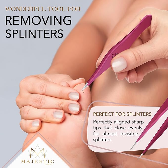 Majestic Bombay Fine Point + Slant Tweezers for Women and Men – Splinter Ticks, Facial, Brow and Ingrown Hair Removal–Sharp, Needle Nose, Surgical Tweezers Precision best tweezers for chin hair