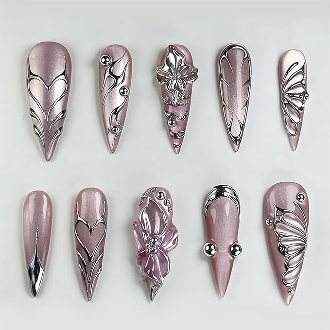 30pcs Handmade Press on Nails Long Pointed Gothic Punk Metal Silver Irregular Lines Fake Nail Tips Y2k Flowers Butterflies Almond Acrylic False Nails Irregular Goth Artificial Nail for Women