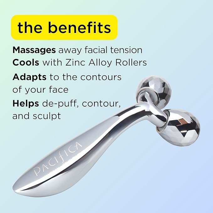 Pacifica Future Youth Stainless Steel Face Roller – Cooling Dual Gua Sha Facial Massager for Sculpting, Contouring & De-Puffing – Anti-Aging Skin Care Tool for Wrinkles & Fine Lines Lymphatic Drainage
