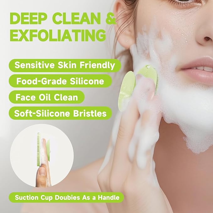 2 PCS Face Scrubber, Soft Silicone Face Exfoliator with Suction Cup for Man and Women Deep Skin Clean, Gentle Facial Cleaning Brush Suitable for All Sensitive Skin (Green)