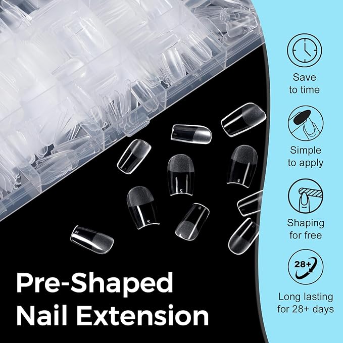 TOMICCA Short Square Nail Tips Acrylic Nails 240Pcs Acrylic Nail Kit Gel Nail Tips 12 Sizes Pre-shape Short Clear Fake Nails for Nail Extension Art Home DIY