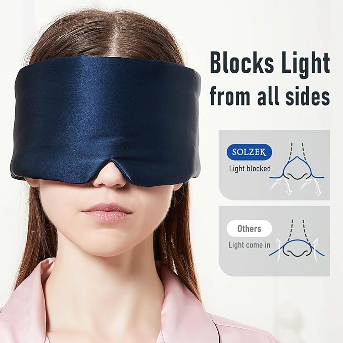Nature Silk Sleeping Mask Soft Featherweight Eye Mask Large Wrap-Around Blindfold with Adjustable Velcro Blackout for Wild Sleeper Nose Cut (NavyBlue)