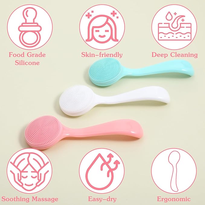 3 Pack Face Brush Silicone Facial Cleansing Brush, Manual Face Scrub Brush Skin Friendly Soft Facial Brushes Waterproof Exfoliating Brush Face Cleaner Brush for Women, Makeup Residues Removal