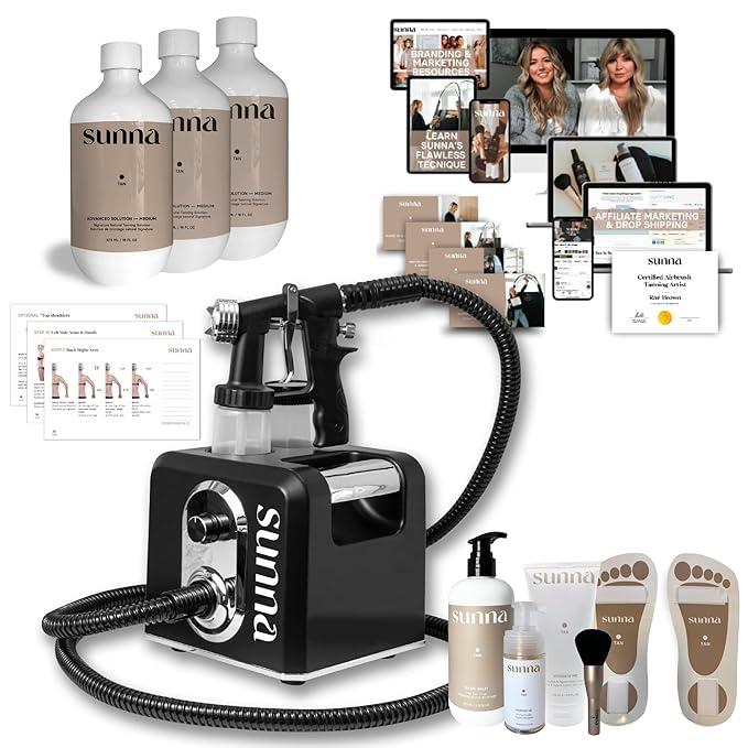 Spray Tan Pro Package by SunnaTan - HVLP Spray Tan Gun, 3X Tanning Solutions, Barrier Cream, Body Lotion, Blending Brush, Powder Spray, Foot Stickies & Training Course
