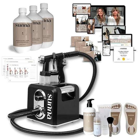 Spray Tan Pro Package by SunnaTan - HVLP Spray Tan Gun, 3X Tanning Solutions, Barrier Cream, Body Lotion, Blending Brush, Powder Spray, Foot Stickies & Training Course