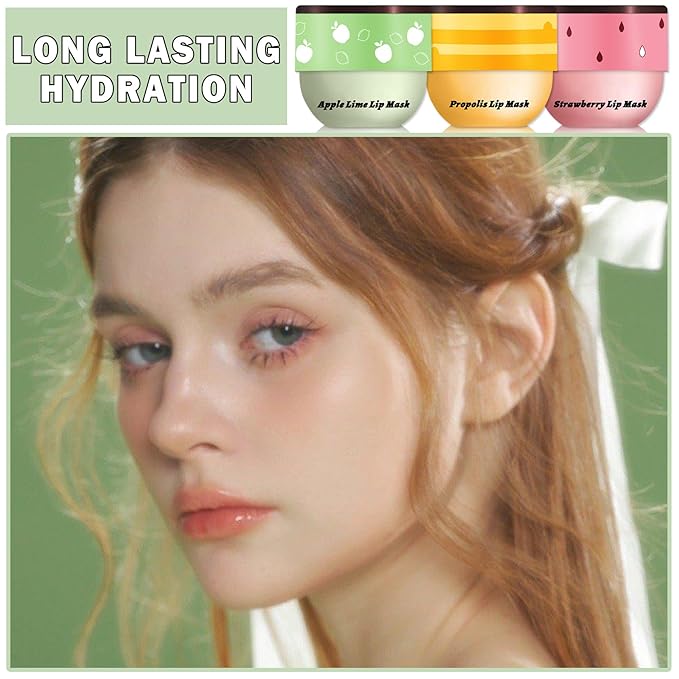 3PCS Bee Lip Balm Honey Pot Honey Strawberry Apple Sleeping Lip Mask Silky Hydrating Bee Lip Balm Lip Mask Overnight LipCare Products(Honey+Strawberry+Apple Lime)