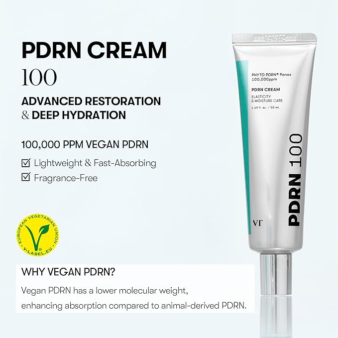 VT COSMETICS PDRN Cream 100, Nourishing & Restorative Moisturizer with 100,000 ppm Vegan PDRN, Lightweight Hydrating Cream for Glowy Glass Skin, Korean Skincare
