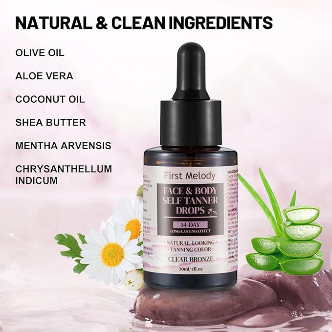 Face Tanning Drops to Add to Lotion,14 Day Long Lasting Effect Face Self Tanner Bronzing Drops, Natural Organic Ingredients, Quick Tan Drops