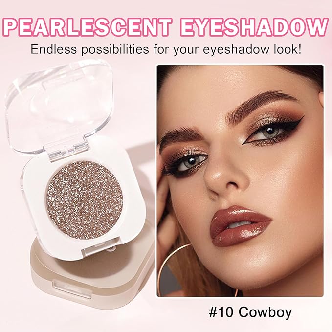 Glitter Eyeshadow Champagne Pearl Glow Single Eyeshadow,Ultra Fine Shimmer Eyeshadow Lightweight Sparkling Blendable Formula,Daily Multiuse Glossy Eyes Makeup (10 Cowboy)
