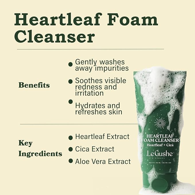 LE GUSHE Heartleaf Foam Face Wash - Gentle Facial Cleanser for Deep Cleansing - With Cica & Hyaluronic Acid - Soothing Face Wash for Women - Inspired by Korean Skin Care (150 ml/5.07 fl oz)