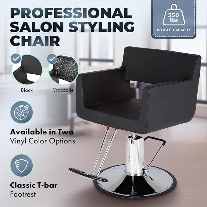 Buy-Rite Rosa Styling Chair for Professional Salons & Barbers - Black Crocodile Vinyl, 23" Chrome Base, Hydraulic Pump, Seamless Design, T-Bar Footrest, Wide Seat with Low-Cut Back, YLG-ROSASTYL-BLK