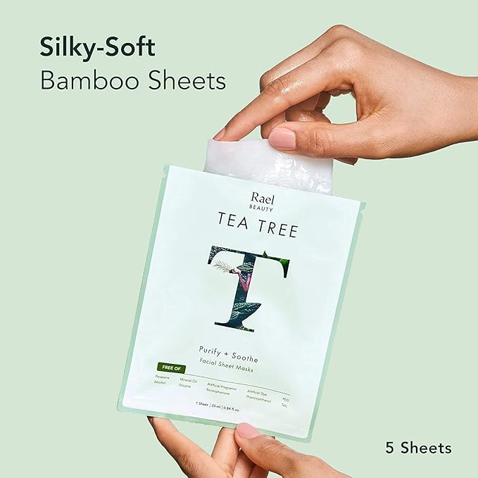 Rael Face Mask Skin Care, Tea Tree Face Masks - Bamboo Facial Sheet Mask, Korean Skincare, with Tea Tree Oil and Fruit Extracts, All Skin Types (Tea Tree, 5 Sheets)