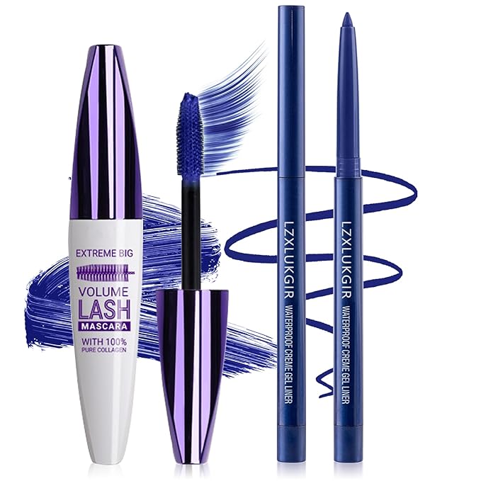 Blue Mascara and Eyeliner Set,Natural Curling Blue Mascara for Eyelashes,Volumizing Lengthening máscara de pestañas Waterproof,5D Colored Eye Makeup