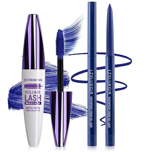 Blue Mascara and Eyeliner Set,Natural Curling Blue Mascara for Eyelashes,Volumizing Lengthening máscara de pestañas Waterproof,5D Colored Eye Makeup