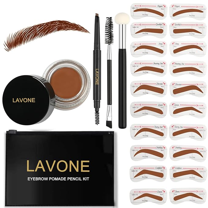 LAVONE Eyebrow Stamp Stencil Kit for Eyebrows, Brow Stamp Trio Kit with Waterproof Eyebrow Pencil, Eyebrow Pomade, 20 Eyebrow Stencils, Dual-ended Eyebrow Brush and Sponge Applicator - Caramel