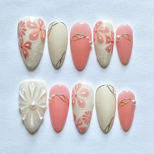 30Pcs Pink Flower Press on Nails Medium Almond Fake Nails with Pearl Designs 3D Water Ripple Glue on Nail Gold Irregular Lines Acrylic Nail Spring Summer Stick on Nails for Women Manicure Art Kit