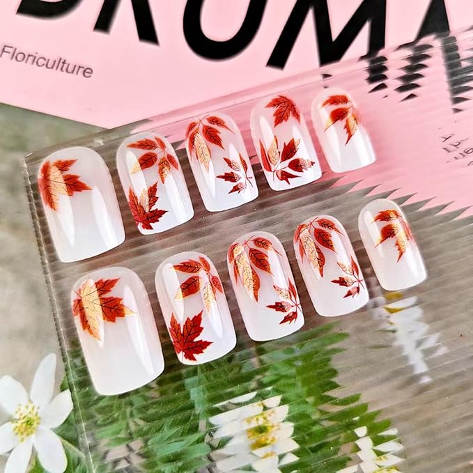 Fall Press on Nails Short Square Glossy Fake Nails with Glitter Maple Leaves Designs Pink White Gradient Acrylic False Nails Autumn Stick on Nail Artificial Gel Glue on Nail for Women 24Pcs