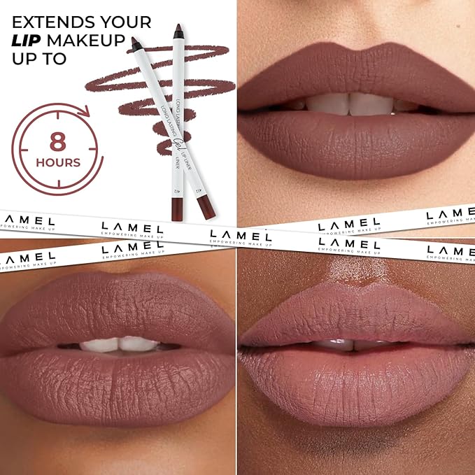 Lamel Matte Gel Lip Liner Pencil 5 Pcs Set - Creamy, Sharpenable, Longwear, Waterproof Lip Combo - Nude Pink 407, Nude 409, Red 411, Mauve 410 and 412